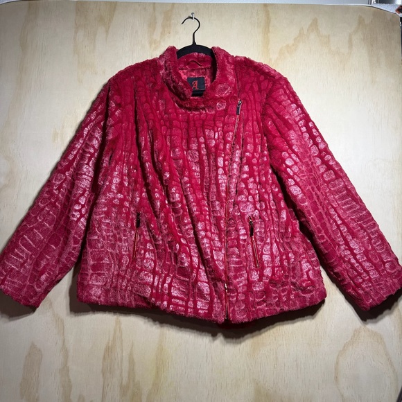 Adrienne Landau Jackets & Blazers - Adrienne Landau Red Faux‎ Fur Croc Embossed Zip Jacket Women’s 2X Plush Luxe